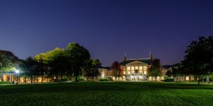 Reynolda Hall and Hearn Plaza at night, on the campus of Wake Forest University, Wednesday, October 7, 2020.