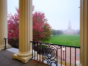 Fog envelops Hearn Plaza, on the campus of Wake Forest University, Tuesday, October 13, 2020.