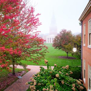 Fog envelops Hearn Plaza, on the campus of Wake Forest University, Tuesday, October 13, 2020.