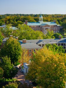 A view of the Wake Forest campus from a window in the bell tower of Wait Chapel, on Monday, October 19, 2020.