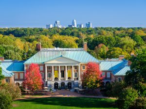 A view of the Wake Forest campus from a window in the bell tower of Wait Chapel, on Monday, October 19, 2020.