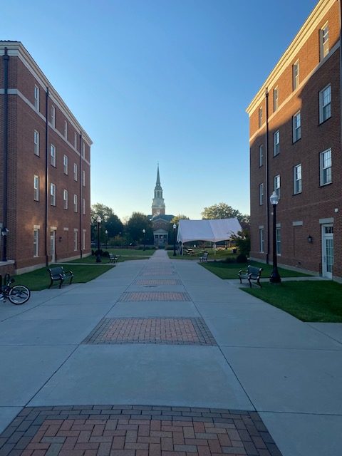 Wait Chapel as seen through Magnolia and Dogwood hall sidewalk