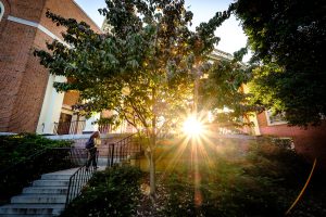 The early morning sun bursts through the trees near Wait Chapel, on the campus of Wake Forest University, Tuesday, October 6, 2020.