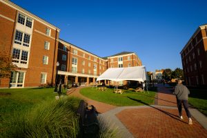 Dogwood Residence Hall is lit by the early morning sun, on the campus of Wake Forest University, Tuesday, October 6, 2020.