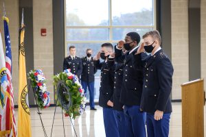 The combined Wake Forest and Winston Salem State University ROTC battalion holds their Veterans Day ceremony in the Sutton Center, on the campus of Wake Forest University, Wednesday, November 11, 2020. Cadets Hagler and Lynn of Wake Forest University and Cadets Smith and Timmons of Winston Salem State University lay the wreathes.