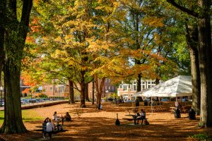 Fall color decorates the Wake Forest campus on the afternoon of Tuesday, October 27, 2020. Students work outside Farrell Hall on a warm fall afternoon.