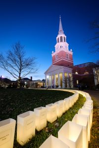 Luminaries line Hearn Plaza on the campus of Wake Forest University on Sunday, December 8, 2019, to honor the more than 5000 individual donors to the Wake Will Lead campaign.