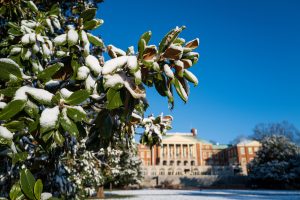 Snow blankets the Wake Forest campus on the morning of Friday, February 21, 2020.