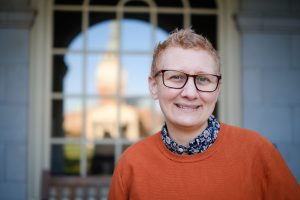 AJ Mazaris, the Assistant Vice President for Equitable Policy in the Office of Diversity and Inclusion and Director, LGBTQ+ Center at Wake Forest University, poses outside Reynolda Hall on Thursday, October 1, 2020.