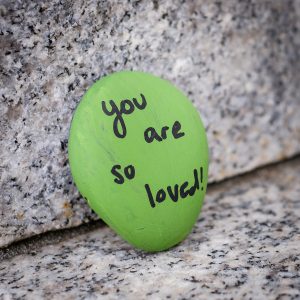 A tiny piece of public art tells students, “You are so loved,” on the steps outside Reynolda Hall on the campus of Wake Forest University, Thursday, October 15, 2020.