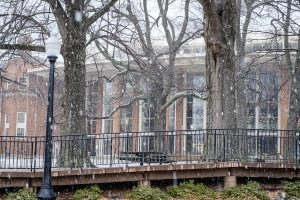 Snow falls on the Wake Forest campus on Friday, January 31, 2020.