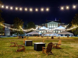 Propane fire pits and Adirondack chairs are set up on Manchester Plaza on Friday, January 22, 2021. The area will be used for safely distanced student life programming during the winter.