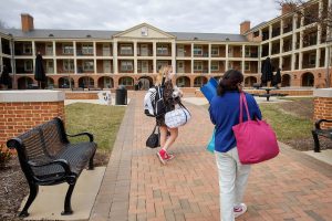 Wake Forest first year students Mansi Patel (’24) and Mia Pagnani (’24) return to Taylor Residence for the beginning of the Spring 2021 semester on Sunday, January 24, 2021.