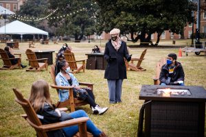 Vice President Penny Rue chats with Wake Forest students as they hang out in the new recreation area on Manchester Plaza, on the campus of Wake Forest University, Tuesday, January 26, 2021.