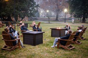 Wake Forest students hang out in the new recreation area on Manchester Plaza, on the campus of Wake Forest University, Tuesday, January 26, 2021.