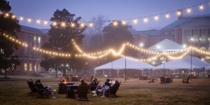 Wake Forest students hang out in the new recreation area on Manchester Plaza, on the campus of Wake Forest University, Tuesday, January 26, 2021.