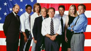 THE WEST WING -- Season 2 -- Pictured: (l-r) Richard Schiff as Toby Ziegler, Dule Hill as Charlie Young, Allison Janney as Claudida Jean 'C.J.' Cregg, John Spencer as Leo McGarry, Martin Sheen as President Josiah 'Jed' Bartlet, Rob Lowe as Sam Seaborn, Janel Maloney as Donna Moss, Bradley Whitford as Josh Lyman