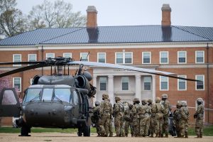 ROTC cadets from Wake Forest and Winston-Salem State University deploy for a field training exercise at Fort Bragg on UH-60 Blackhawk helicopters, from Poteat Field on Thursday, March 25, 2021.