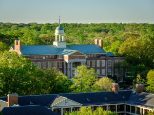 An aerial view of the Z. Smith Reynolds Library, on the campus of Wake Forest University