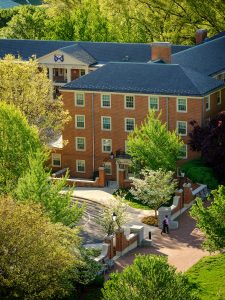 An aerial view through a window in the bell tower of Wait Chapel, on the campus of Wake Forest University