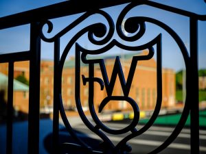 WF ironwork frames historic Reynolds Gymnasium, on the campus of Wake Forest University