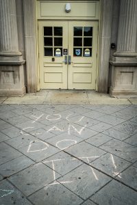 A motivational slogan is scrawled outside the Z. Smith Reynolds Library on the Wake Forest campus during exam week on Monday, May 5, 2014.