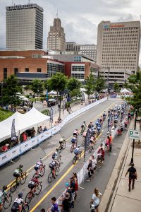Professional bicycle racers compete in a criterium around the Wake Downtown campus and Bailey Park, during the Winston-Salem Cycling Classic on Saturday, May 26, 2018.