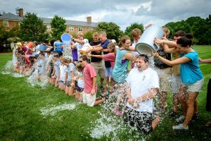 Student leaders of the Wake Forest pre-orientation Deacon Camp take the ALS Ice Bucket Challenge on Hearn Plaza on Tuesday, August 19, 2014. The freshmen attending the camp do the honors with the ice water.