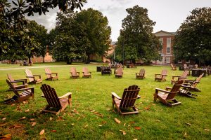 A circle of chairs stands ready for students to gather, on Manchester Plaza early on the morning of Wednesday, May 26, 2021.