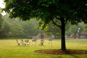 A circle of chairs waits for students to gather on Hearn Plaza, on the campus of Wake Forest University, Wednesday, May 26, 2021.