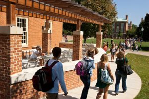 Wake Forest students cross Tribble Plaza in front of Shorty's retaurant in the Benson University Center as they change classes on Friday, September 11, 2009.