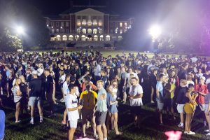 New Wake Forest students attend the Playfair meet and greet event late at night on the first day of orientation, on Manchester Plaza on Wednesday, August 21, 2019.