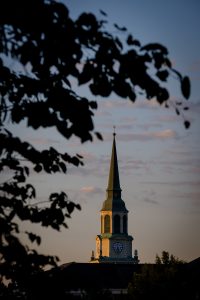 The bell tower of Wait Chapel, on the campus of Wake Forest University, early on the morning of Wednesday, June 16, 2021.