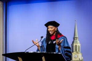 Wake Forest University holds the third of four 2021 Commencement Diploma Ceremonies, for Bachelor of Arts, in Joel Coliseum on Sunday, May 16, 2021. Associate Chaplain K. Monet Rice-Jalloh gives the invocation.