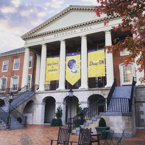 Signs on Reynolda Hall welcoming everyone to Homecoming 2021