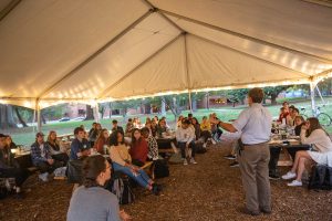 The Wake Forest Center Bioethics Health and Society hosts Dining Dilemmas featuring Dr. Tina Marsh Dalton, Mark Hall, and Dr. Richard Lord in an outdoor tent on Davis Field on Wednesday, October 27, 2021.