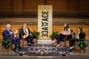 Former Secretary of State Madeleine Albright and former Secretary of Defense Chuck Hagel speak with Leadership and Character scholars Ani Garcia-Velez and Rachel Edwards in Wait Chapel, as part of the Face to Face speaker series, on the campus of Wake Forest University on Tuesday, November 9, 2021.