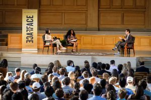 Wake Forest hosts a student-led discussion with journalist and author Malcolm Gladwell in Wait Chapel on on Tuesday, September 14, 2021. Leadership and Character Scholars Rute Ayalew and Sofia Ramirez Pedroza interview Gladwell on stage.