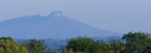 Pilot Mountain is visible from the Wait Chapel bell tower on the campus of Wake Forest University.