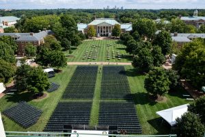 An aerial view of the chairs set up for 2020 Commencement on Hearn Plaza, on the campus of Wake Forest University, Friday, September 17, 2021. The ceremony was delayed 16 months due to the pandemic.