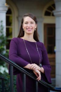 Jackie Sheridan, the Director of Wake Forest Scholars, poses outside Reynolda Hall on Friday, August 13, 2021.