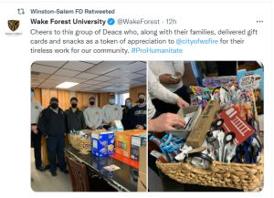 wake Forest students and families contributed a basket of goodies and gift cards to our fire department following the weaver fertilizer plant fire