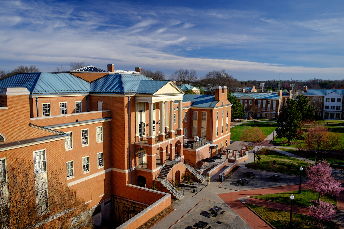 The morning sun lights the Benson University Center on Tuesday, March 17, 2015.