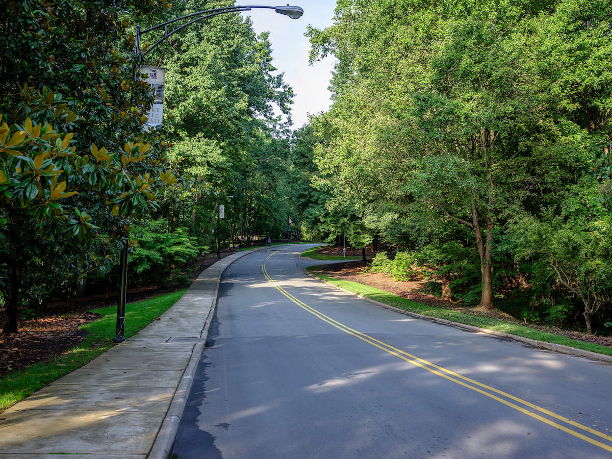 Wake Forest road on the drive onto campus