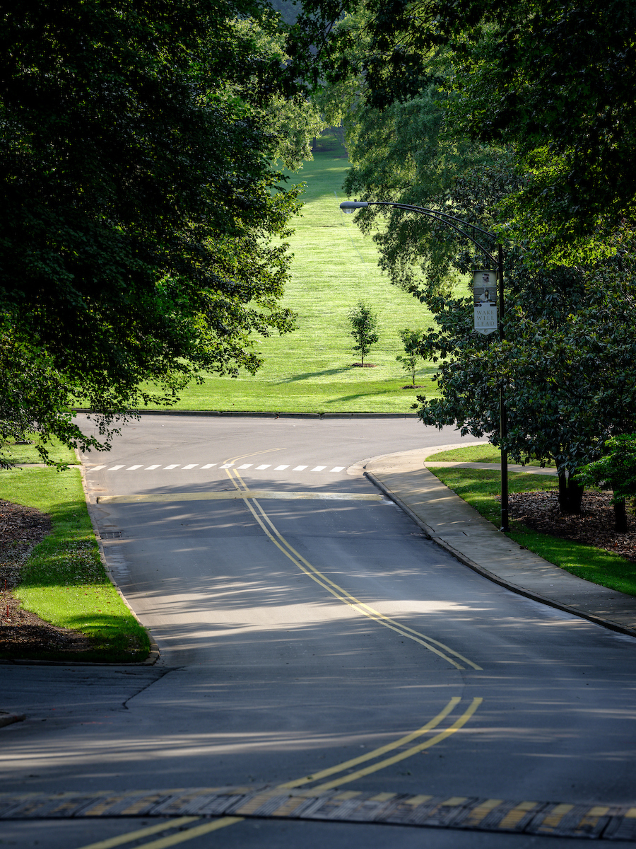Early morning scenes on the campus of Wake Forest University, Thursday, August 9, 2018.The entrance to campus from Reynolda Road. The entrance to campus from Reynolda Road.
