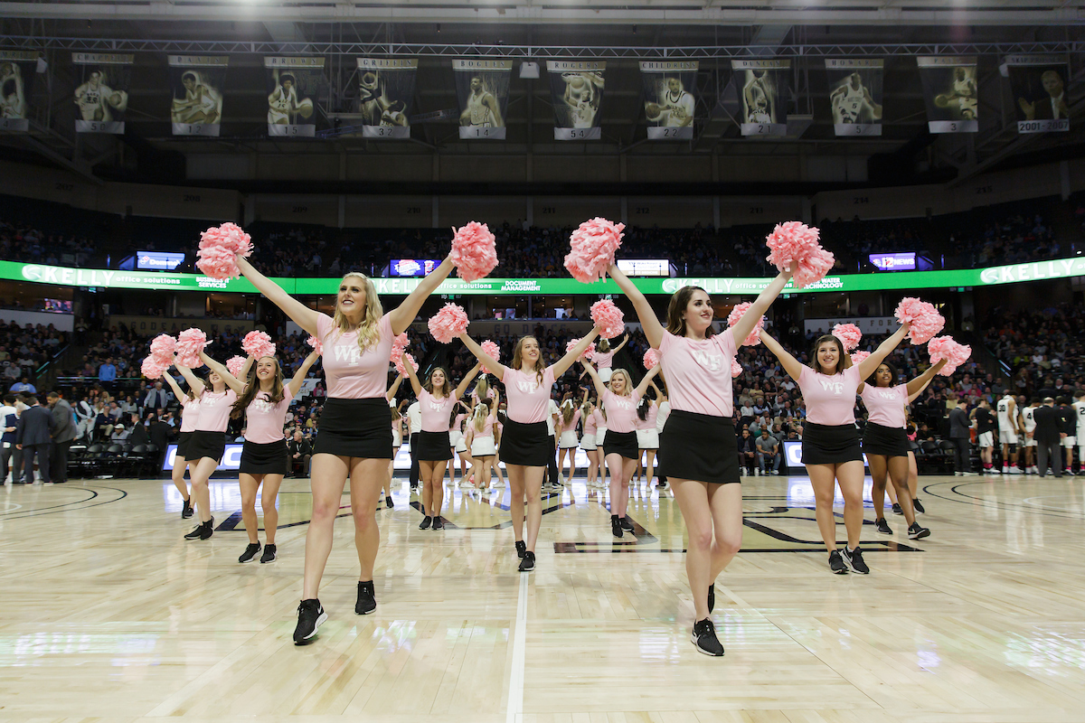 The Wake Forest Demon Deacons take on the Tar Heels from the University of North Carolina at the Joel Coliseum on Tuesday, February 11, 2020. The cheerleaders and the dance team wore pink uniforms for breast cancer awareness.