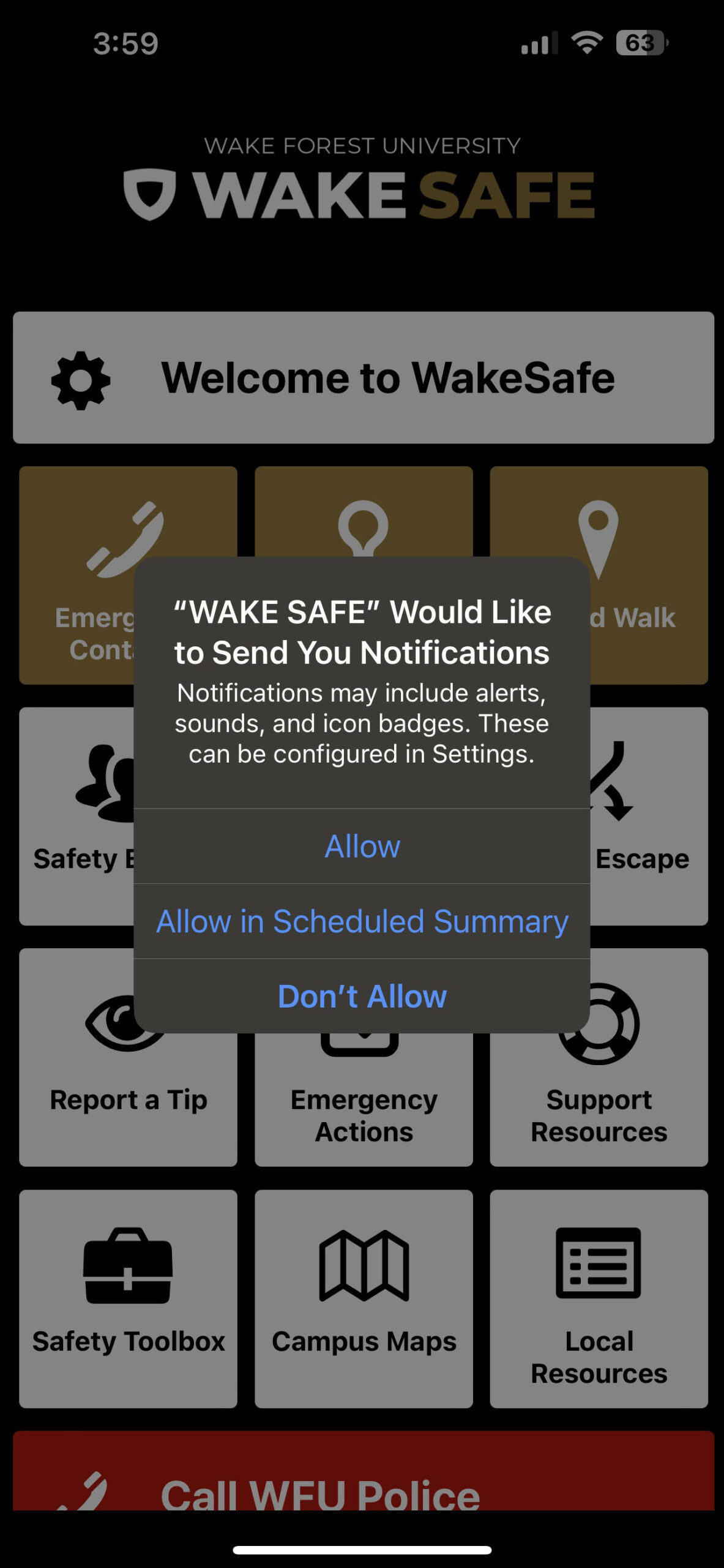 Wake Safe app showing screen on allowing sounds and notifications (say yes to this)