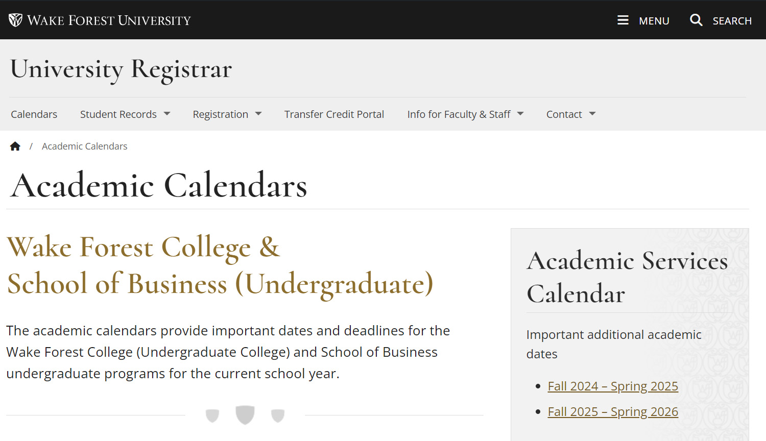 the Academic Services section of the Office of the University Registrar's website
