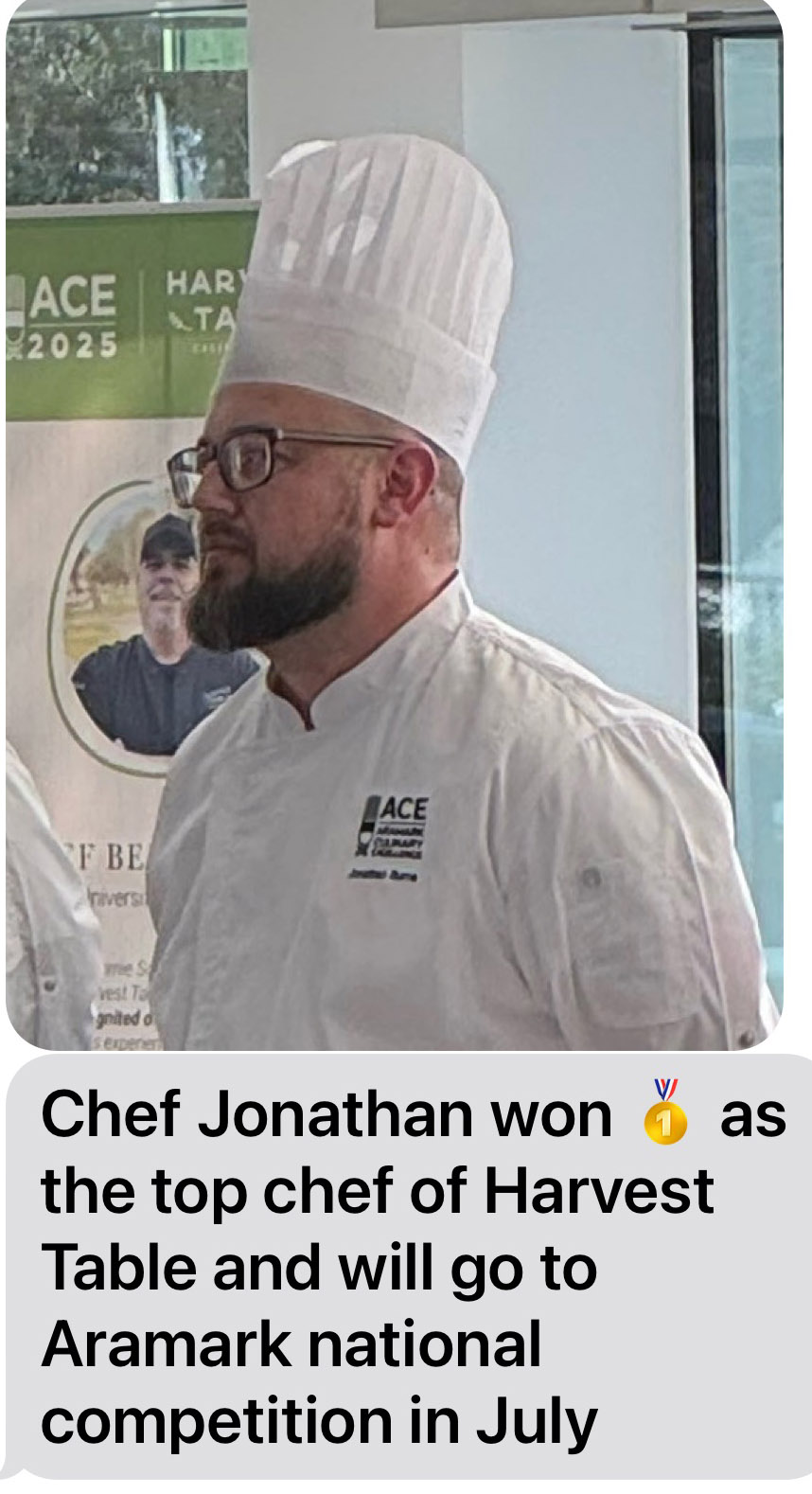 Chef Jonathan won as top chef at The Pit and will be headed to an ARAMARK national cooking competition in July