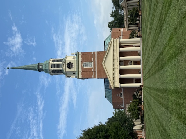 Long view of Wait Chapel with the clock face empty 7 29 25
